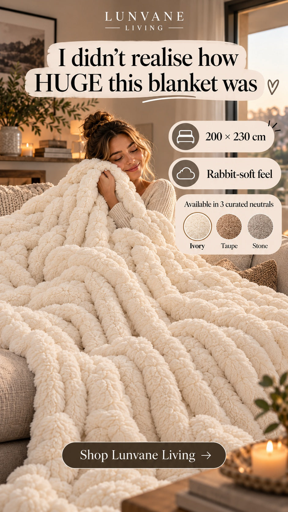 Lunvane Signature Oversized Blanket in Ivory Cream — oversized comfort lifestyle view