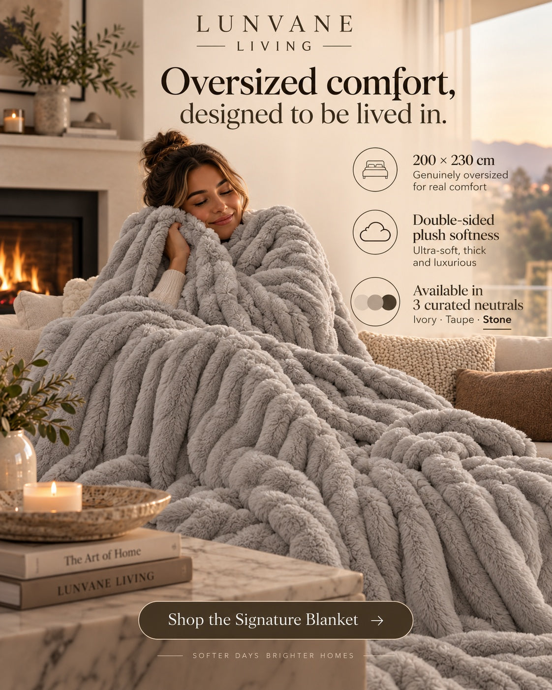 Lunvane Signature Oversized Blanket in Soft Grey — premium lifestyle view