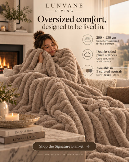 Lunvane Signature Oversized Blanket in Warm Taupe — premium lifestyle view