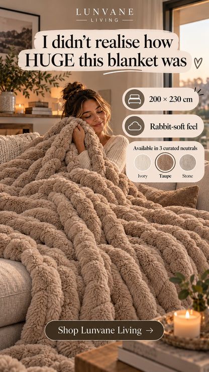 Lunvane Signature Oversized Blanket in Warm Taupe — oversized comfort lifestyle view